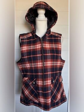 Kavu Women’s Campout Insulated Hooded Orange Navy Plaid Vest Size XL Extra Large